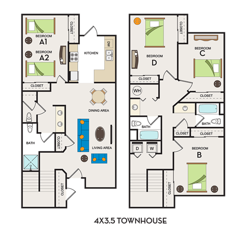 Oakshade Commons 4 bedroom 3 and a half bath 3D townhome floor plan